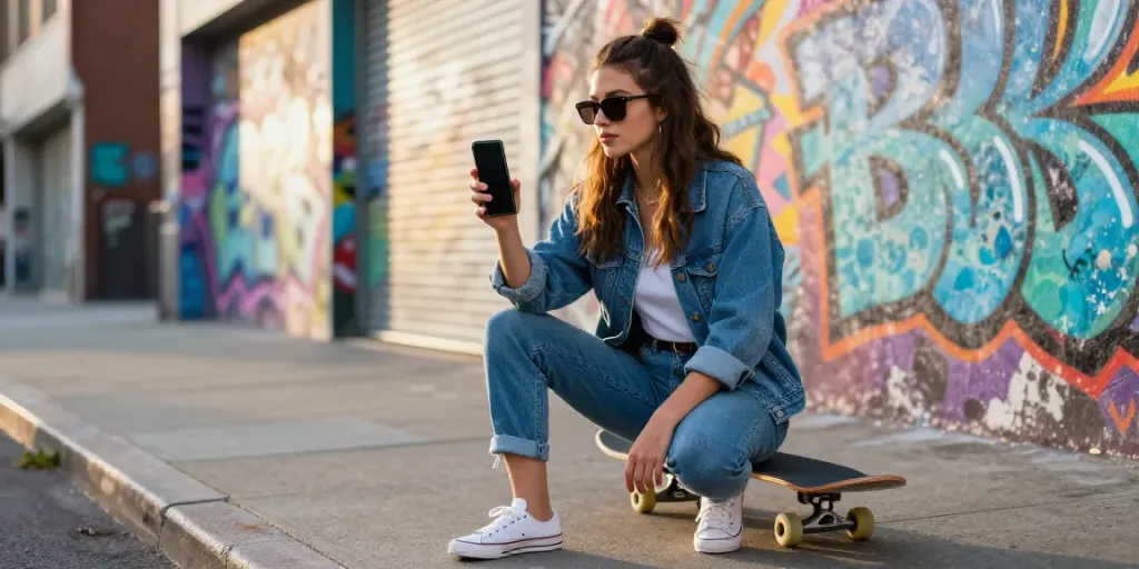 Ari Kytsya porn street style scene featuring a stylish woman in urban fashion with skateboard.