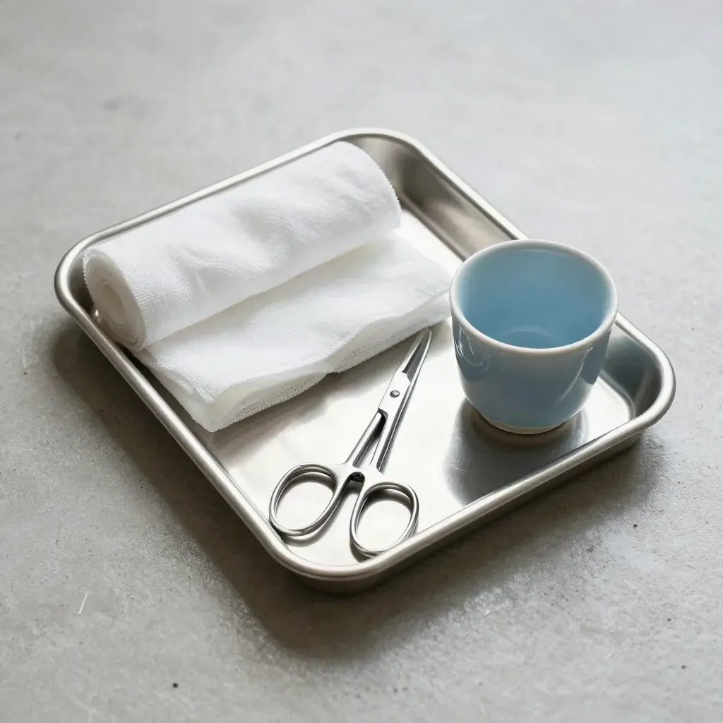 Stainless medical tray with gauze rolls, hemostat, and blue-glazed cup on pale concrete.