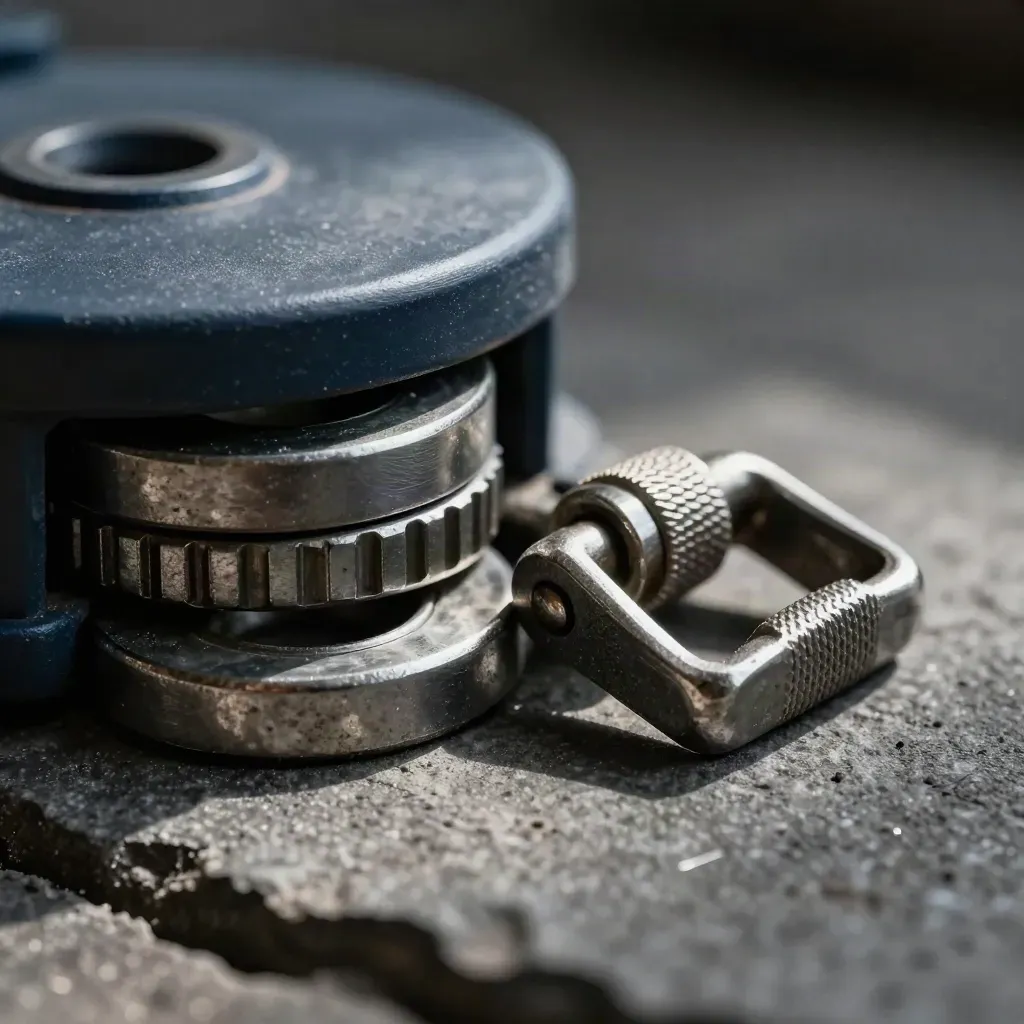 Macro of shipping hardware on dark stone: seal, washers, buckle, knurled fastener.