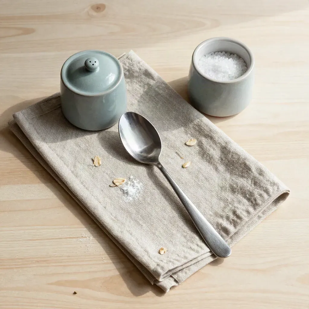 Top-down hospitality prep still life with linen, tweezers, salt cellar and serving spoon on pale wood.