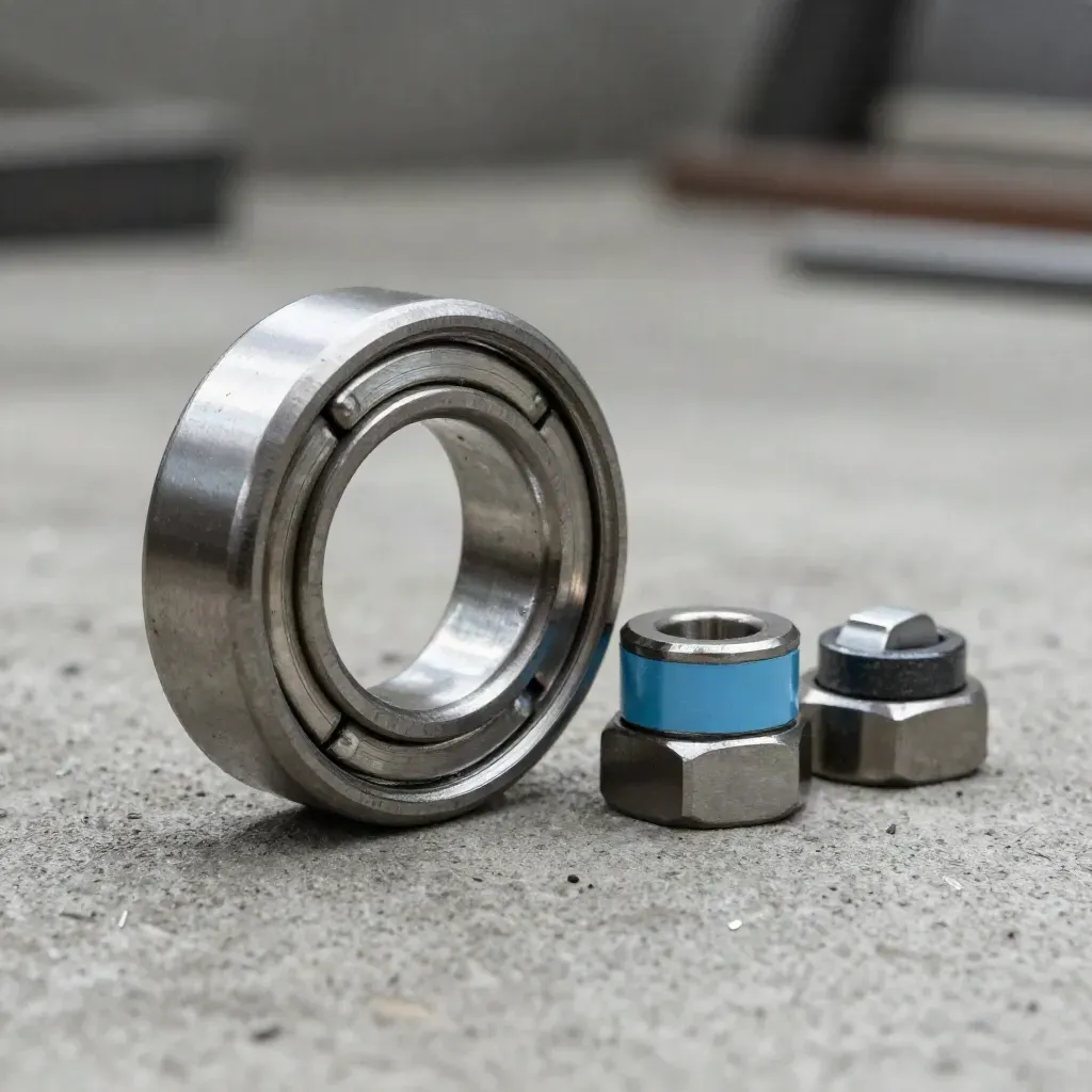 Macroscopic machining parts on concrete with a sky-blue accent and bright rim light.