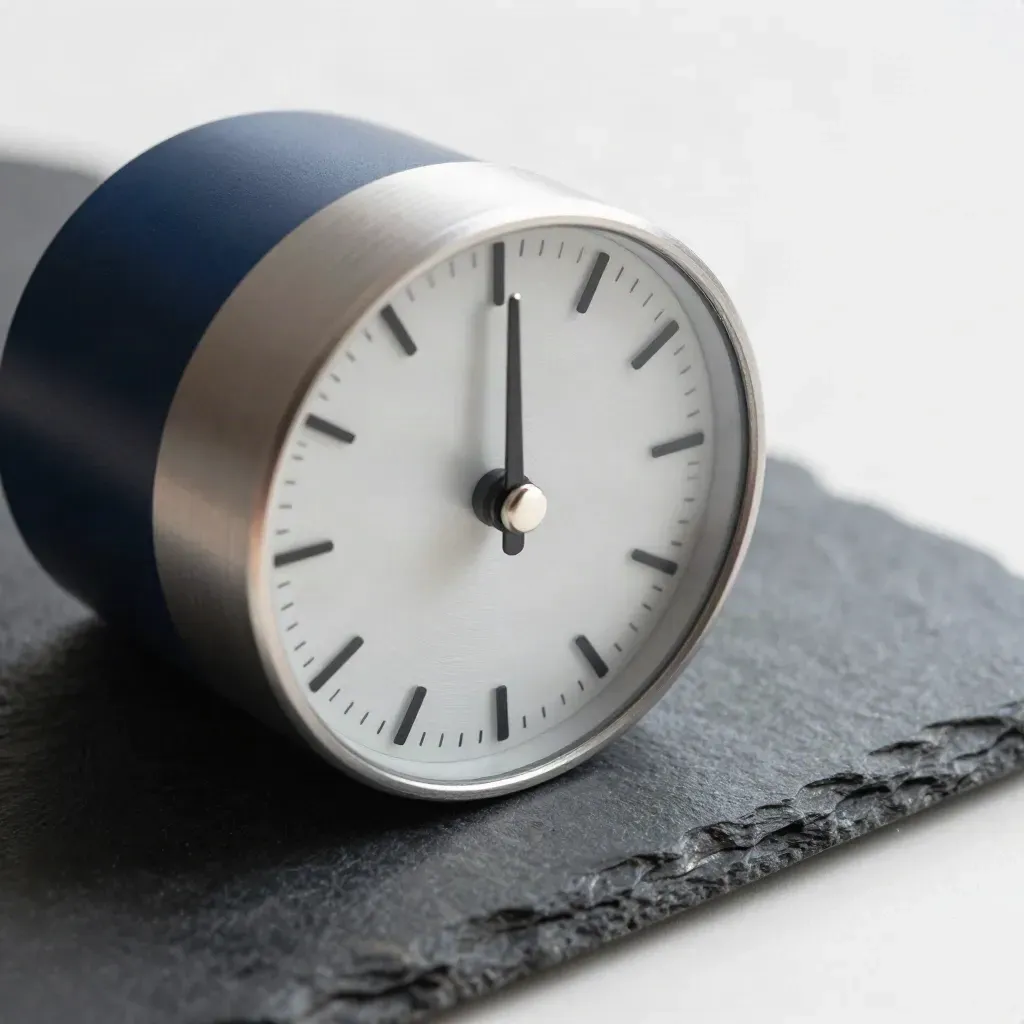 Brushed aluminum timer, tabbed divider and steel clip on graphite stone in tight overhead macro.