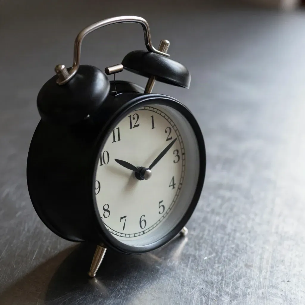 Black steel alarm clock mid-ring with a tiny reminder tag on brushed metal, lit in dramatic side light.