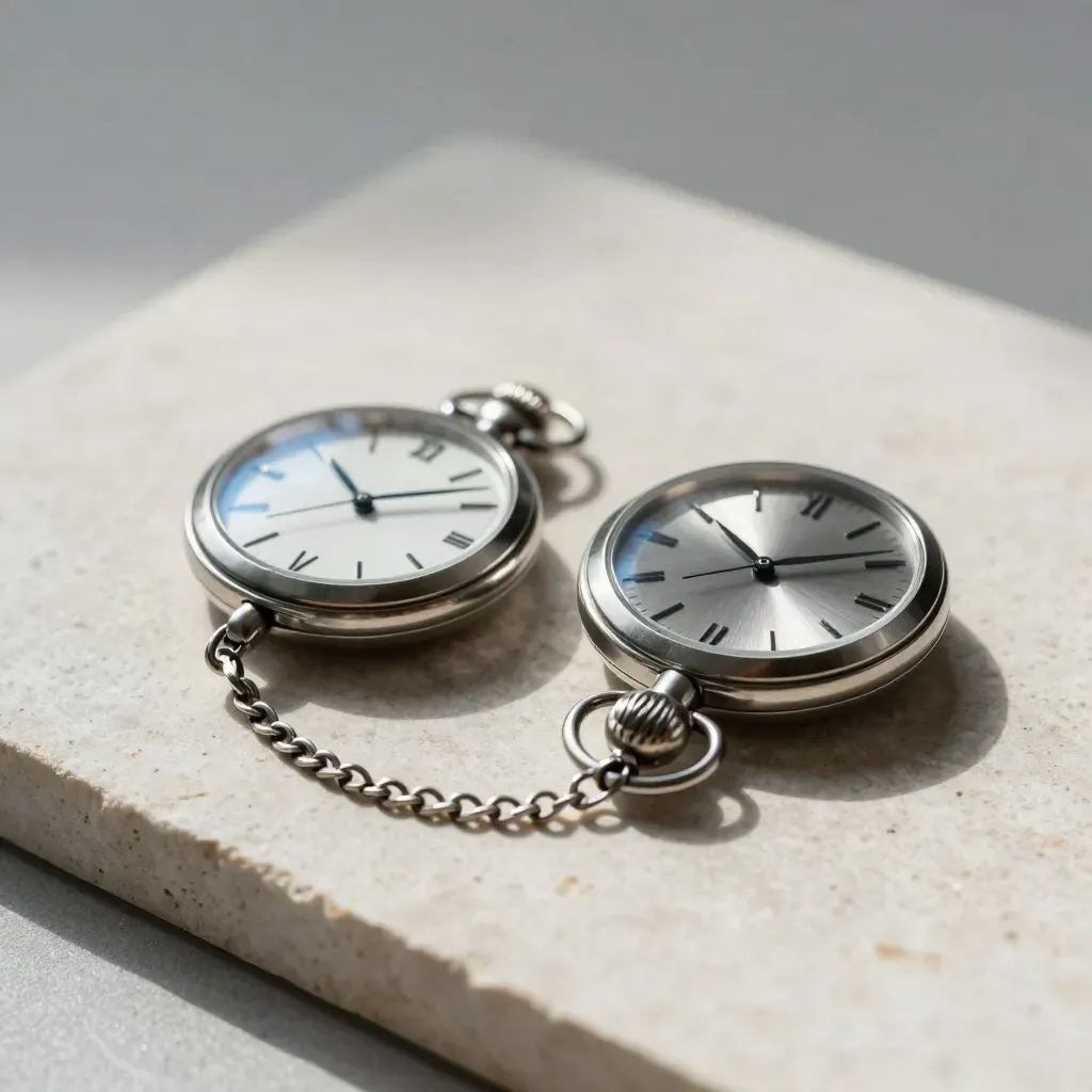 Two linked pocket watches on pale stone, hands aligned, with a curved chain and soft blue glint.
