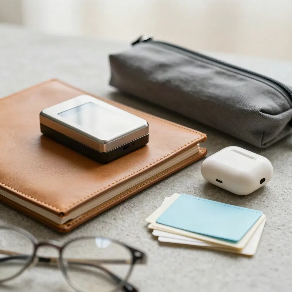 Macro still life of a leather folio, timer, earbuds case, and planning tabs on stone.