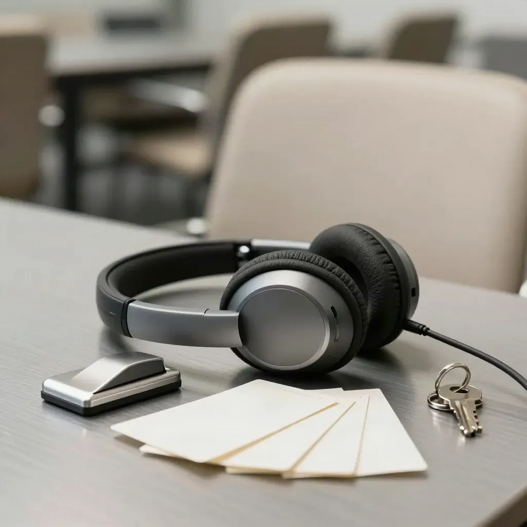 Meeting headset, clicker, tabs and key ring on brushed steel, shot through a chair back.
