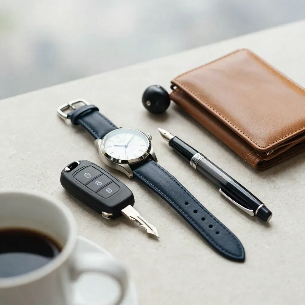 Watch, key fob, pen, wallet and earbuds case on pale stone, seen through a blurred mug rim.