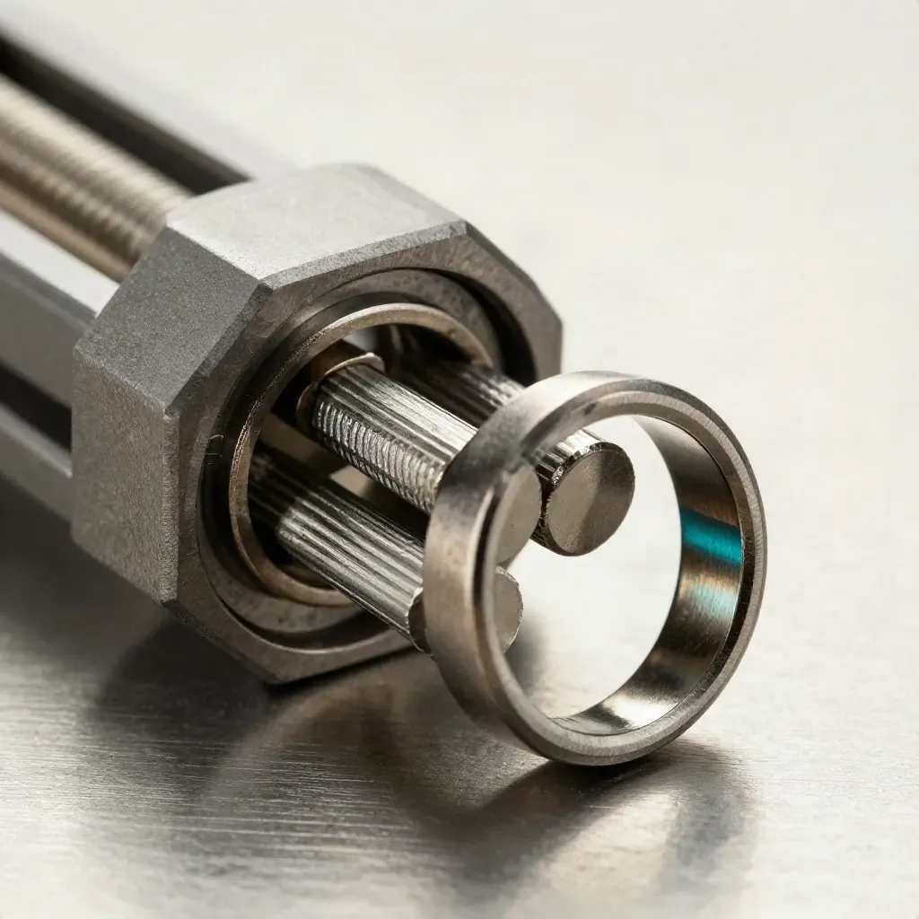 Macro still life of interlocking metal rings, connector block, and dowel pins on brushed steel