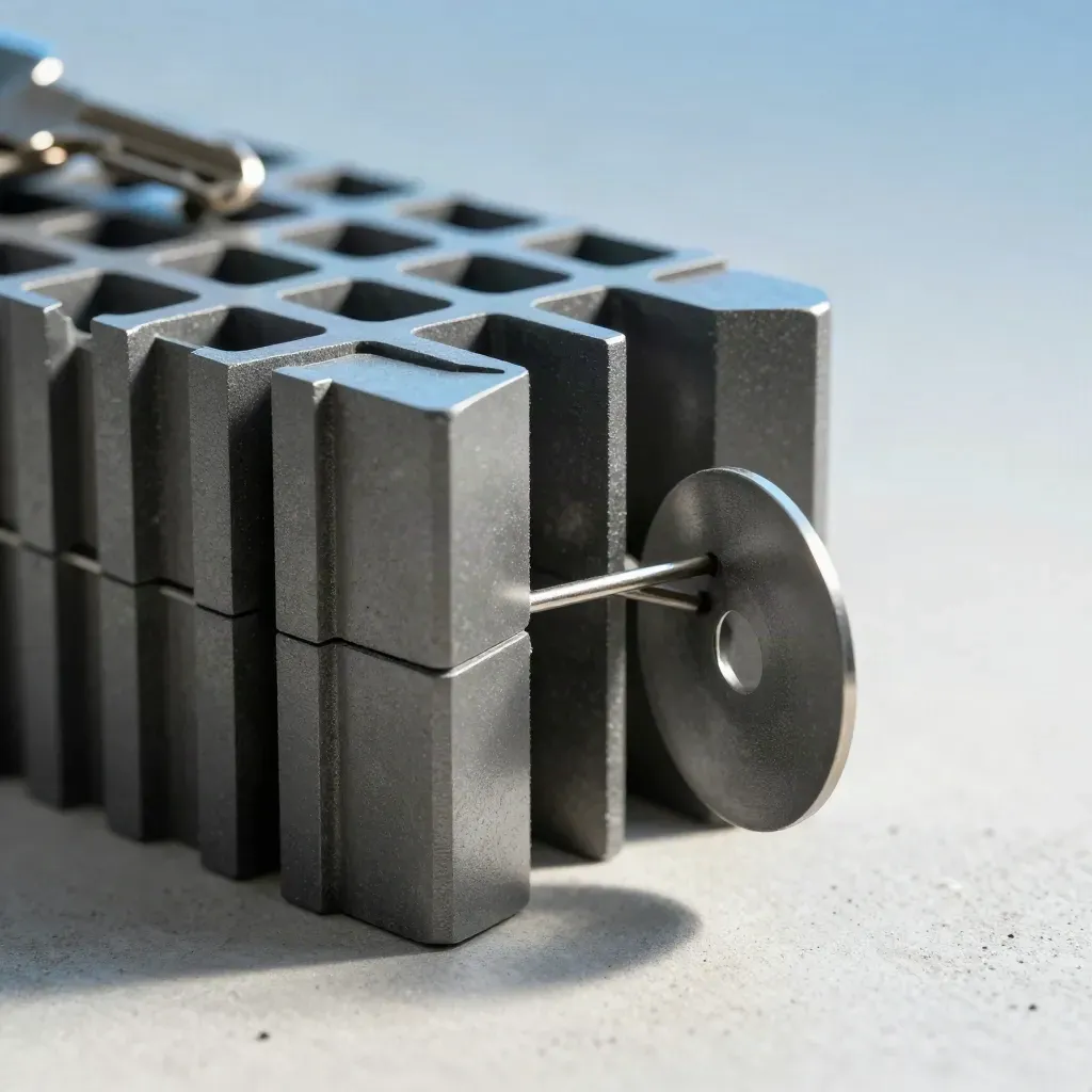 Graphite modular blocks with a hovering link disc and steel spacer on pale concrete