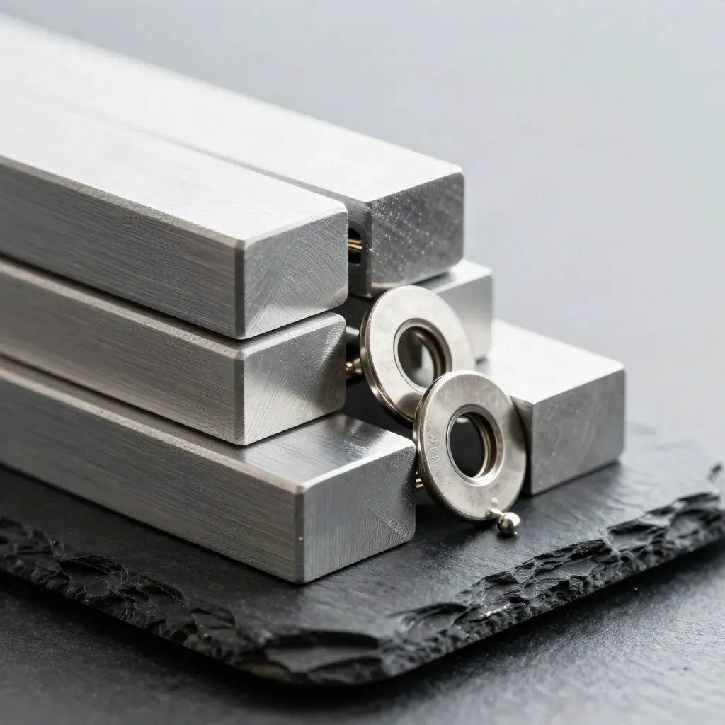 Close-up of stepped aluminum blocks, linked washers, and a connector pin on dark stone.